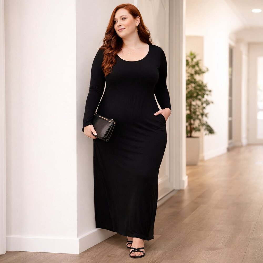 Ava & Viv Black Long Sleeve Sheath Maxi Dress | Size 3X